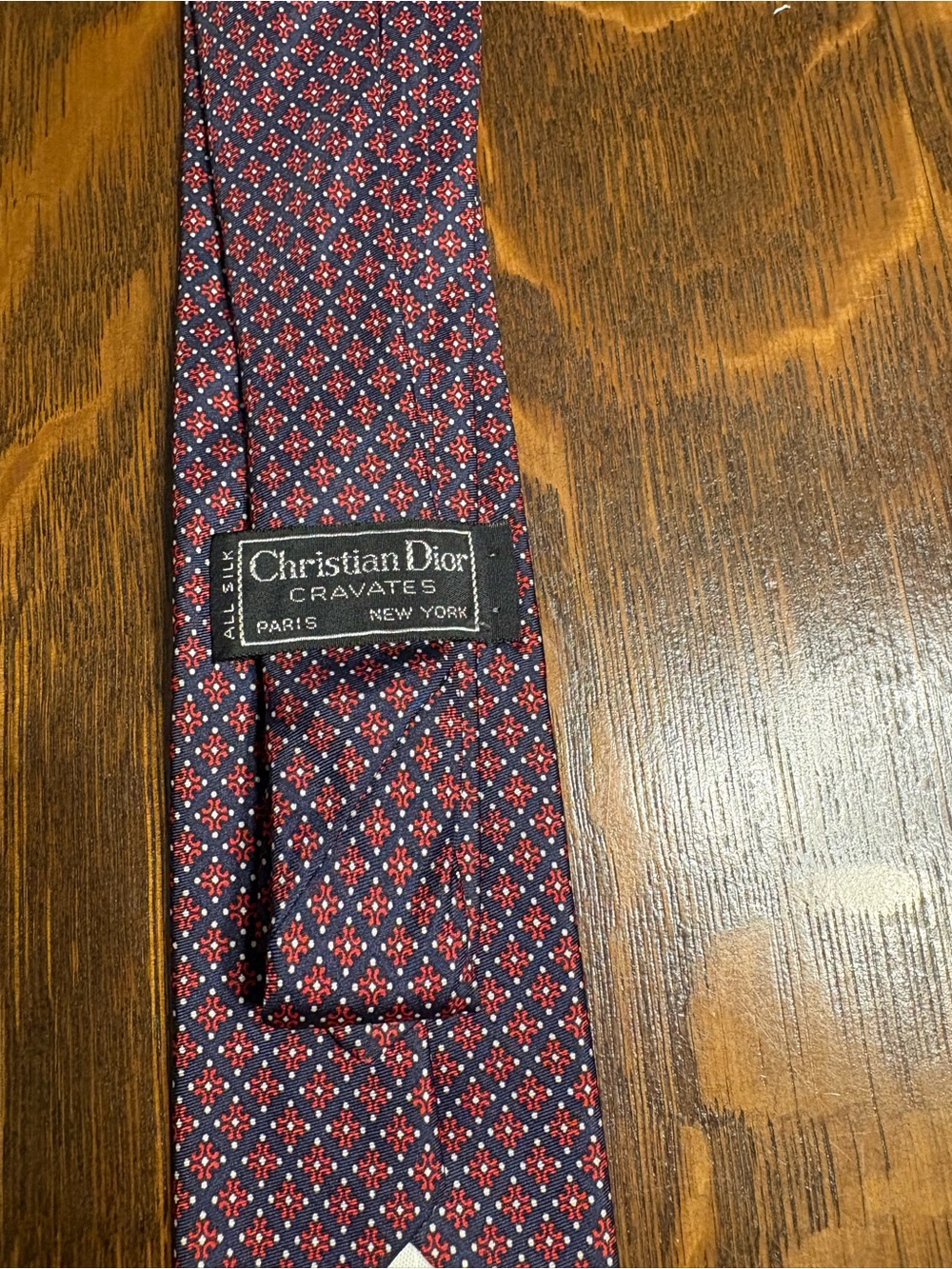 Vintage Dior Men’s Red & Navy Patterned Silk Tie sold specifically for Joske's
